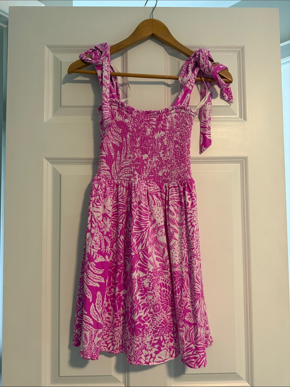 Girls Pink Tie-Shoulder Smocked Sundress